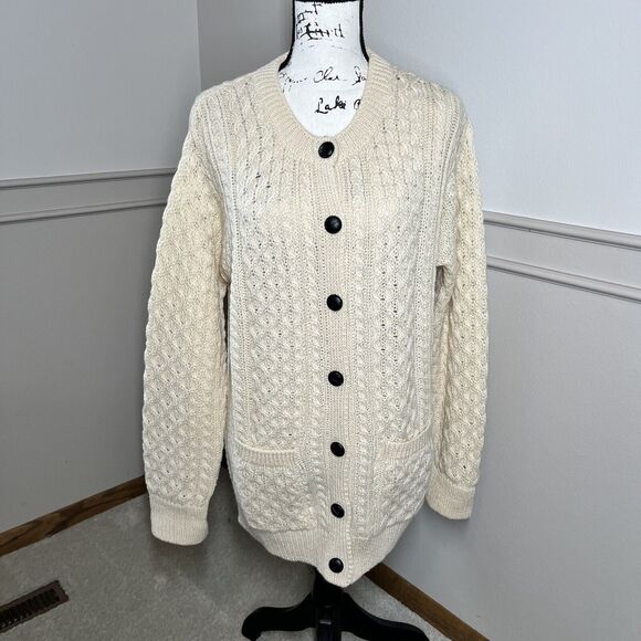 Blarney Woollen Mills Ireland Womens XL XXL Knit Wool Cardigan Sweater Cream - Picture 1 of 12